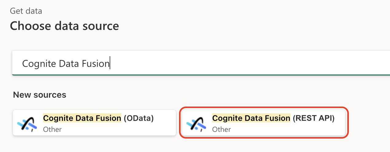 Screenshot of the get data window with Cognite Data Fusion (REST API) emphasized.