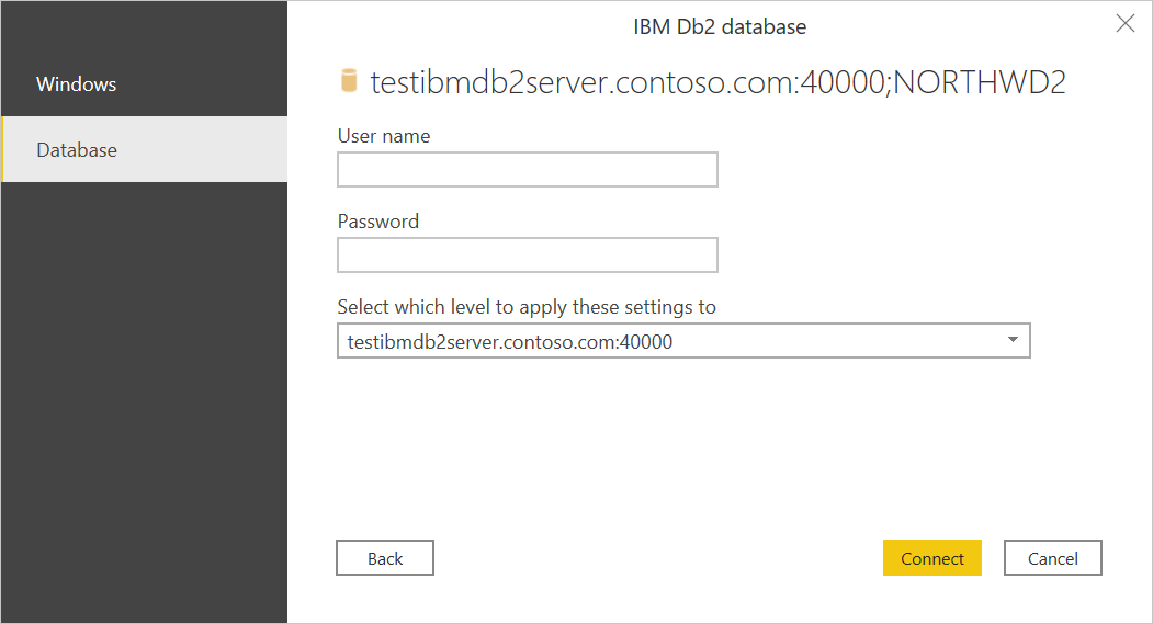Screenshot of the authentication dialog where you enter your IBM Db2 database credentials.