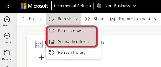 Screenshot of where the Schedule refresh button is located within Power BI.