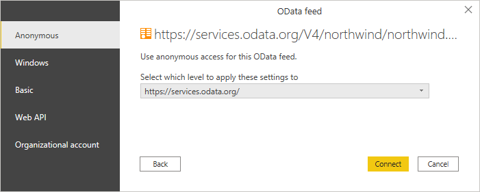 Screenshot of the authentication dialog where you enter your OData credentials.