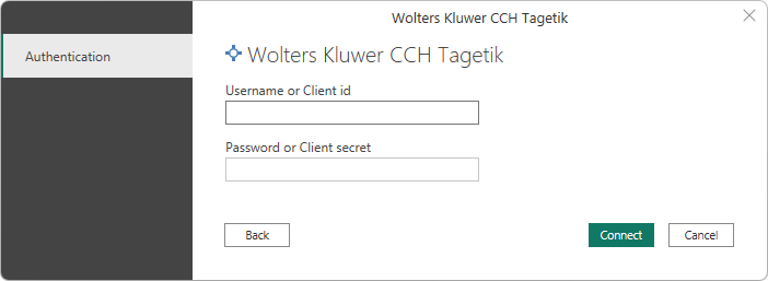 Screenshot of the connector authentication dialog where you enter the user name and password.