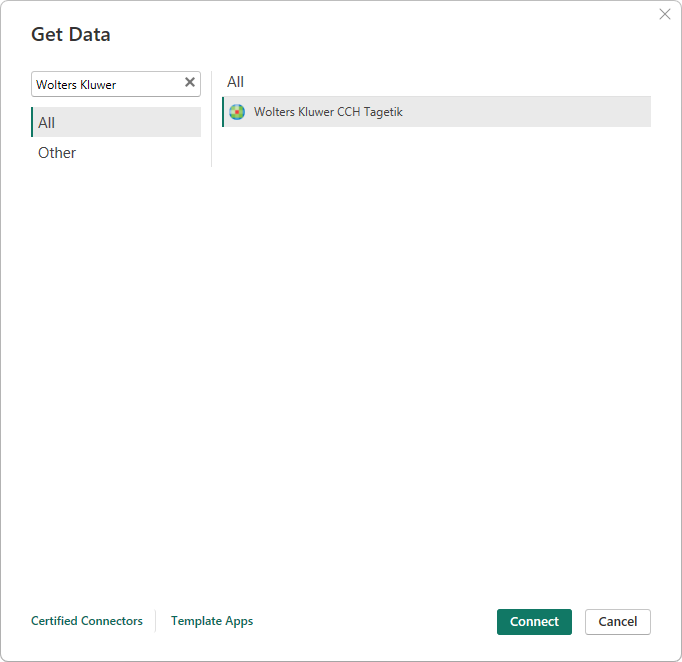 Screenshot of the Get Data dialog with Wolters Kluwer CCH Tagetik selected.