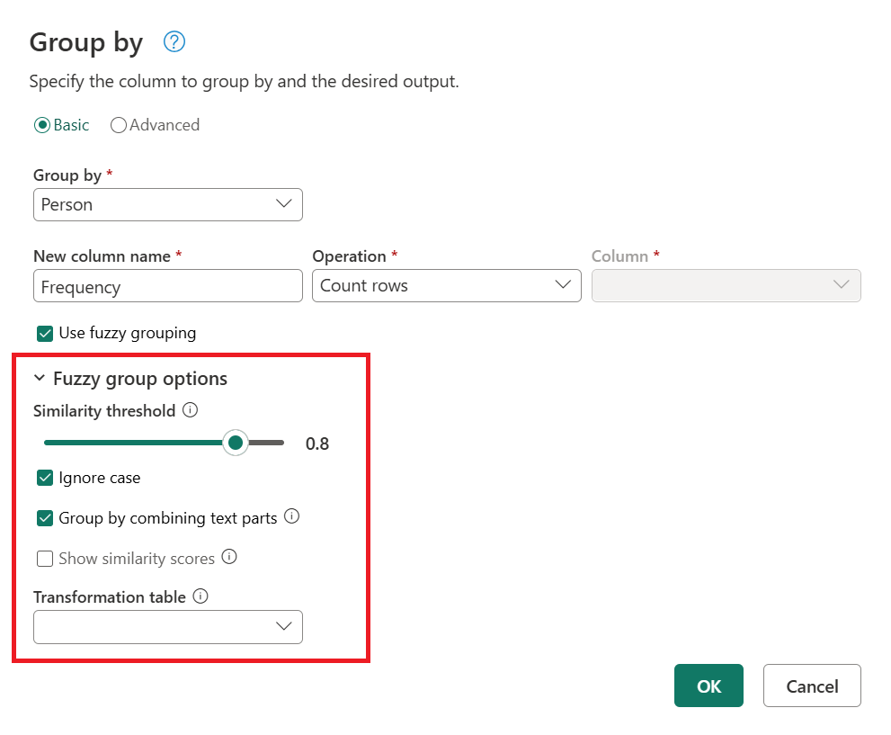 Screenshot of the Group by dialog with the Fuzzy group options emphasized.