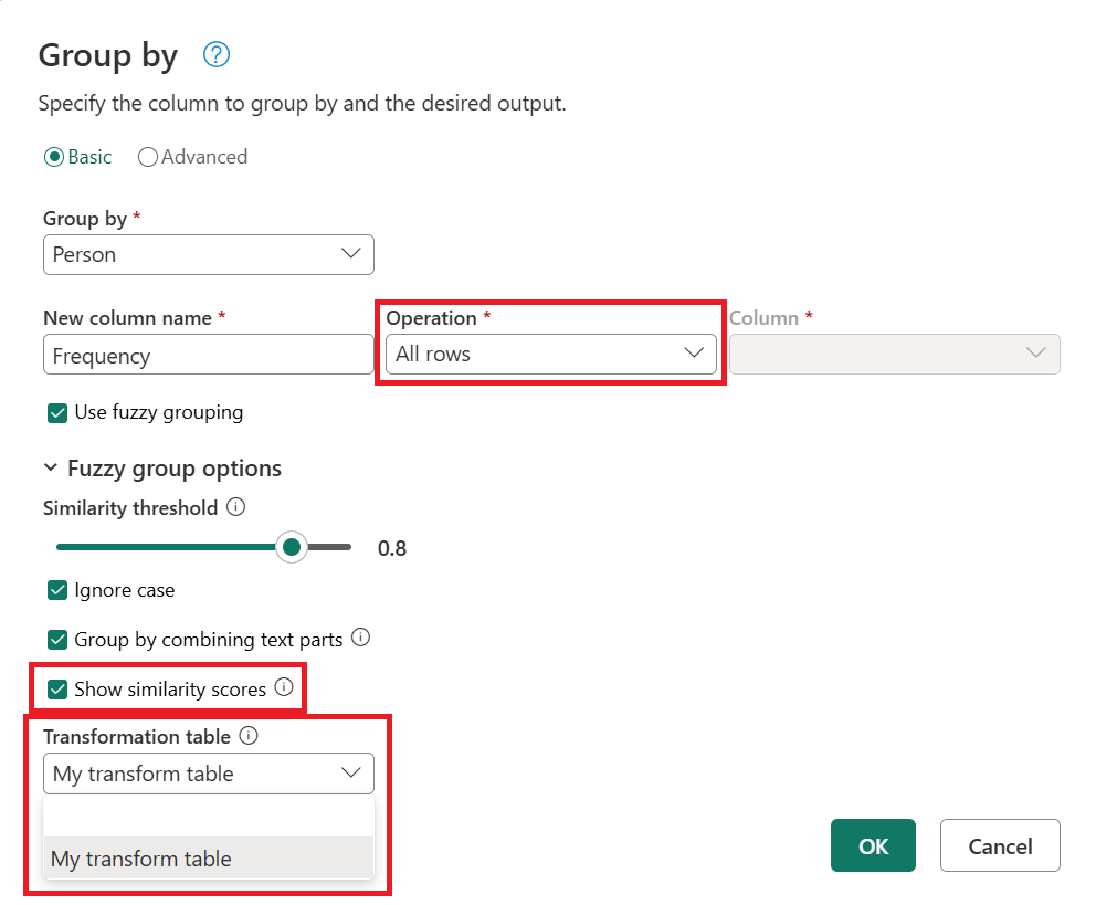 Screenshot of the fuzzy grouping sample transformation table drop-down menu.