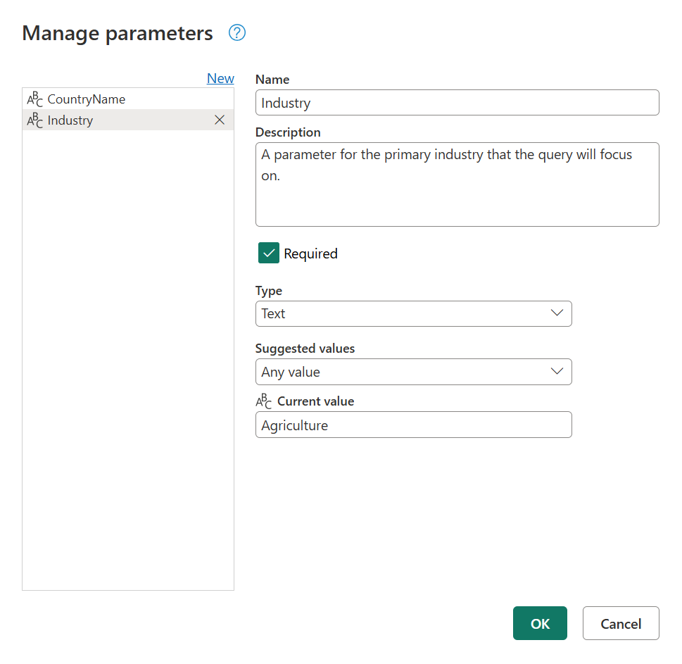 Screenshot showing how to create a parameter from the Manage Parameters window.