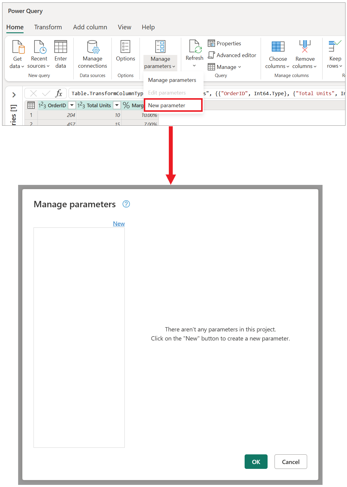 Screenshot of the Manage parameters menu and the Manage parameters dialog.