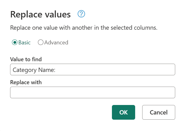 Screenshot of the Replace values dialog for a text column.