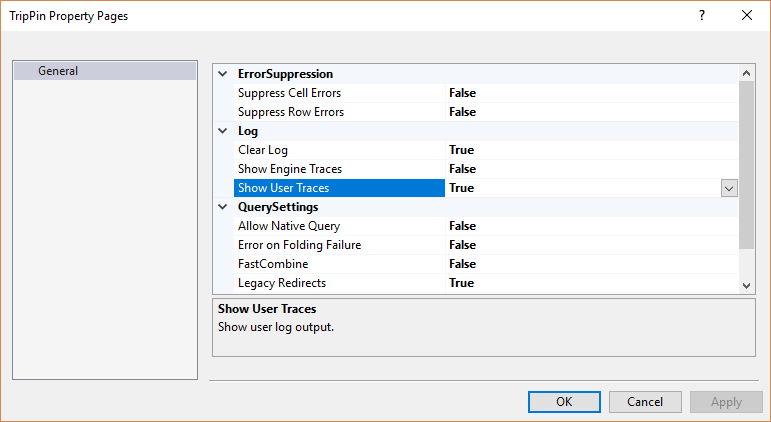 Screenshot of the TripPin property pages showing the three settings related to tracing.