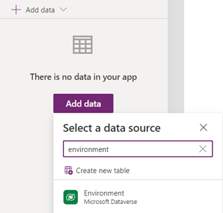 Screenshot of searching for the Power Fx Environment object in the Add data pane.