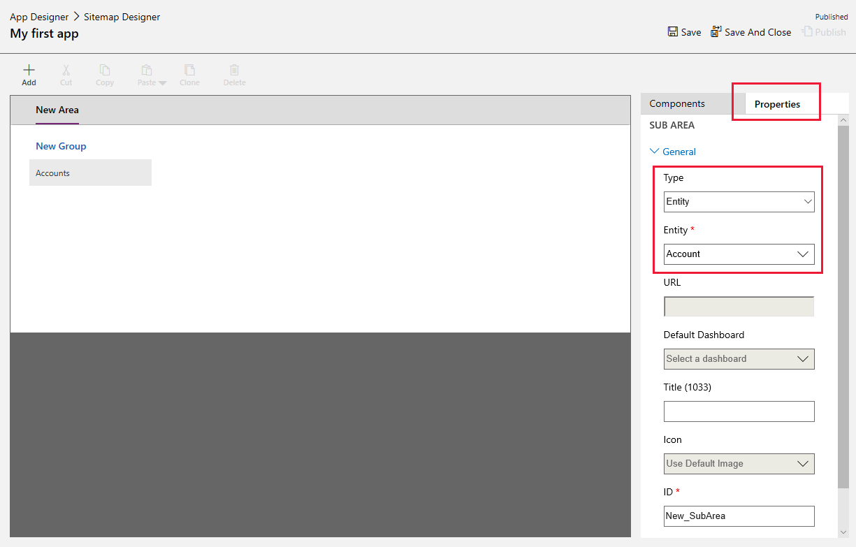 Properties tab for new subarea Add components to sitemap.