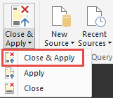 Edit queries Screenshot of the Home ribbon with the close and Apply option called out.