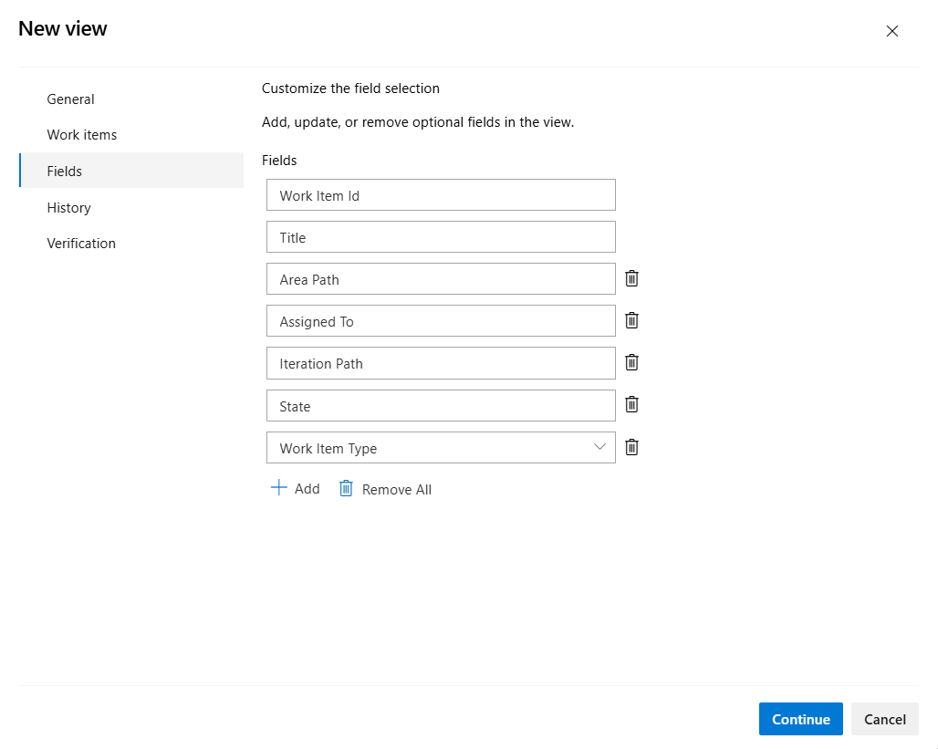 Screenshot shows the New View Fields tab where you can choose fields.