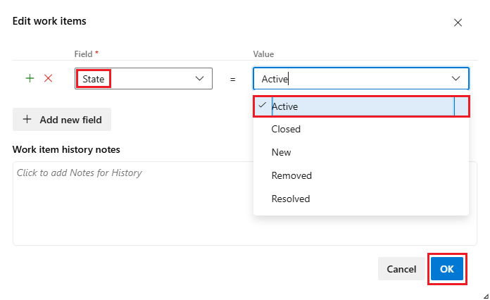 Screenshot of editing a work item state.