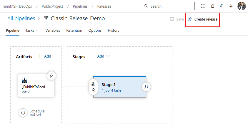 A screenshot displaying how to manually create a Classic release definition in Azure Pipelines.