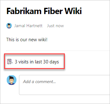 Screenshot that shows the aggregated count of page visits on a published wiki page.