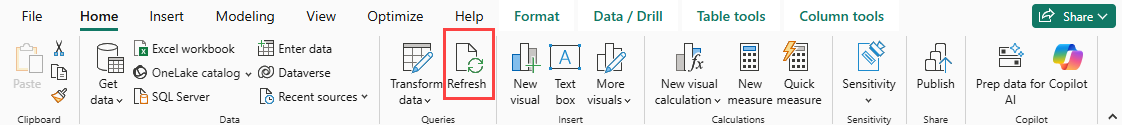 Screenshot of the Home tab of the Power BI Desktop ribbon. In the Queries group, Refresh is highlighted.