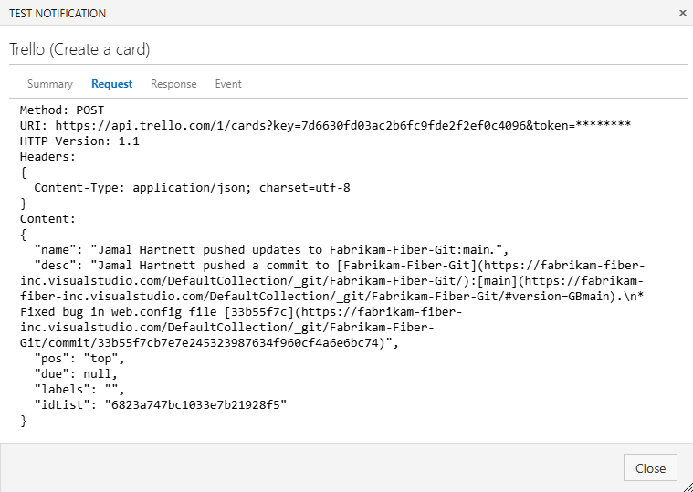 Screenshot of the Test Notification window. The Request tab shows a POST request to Trello with information about a commit that was pushed.
