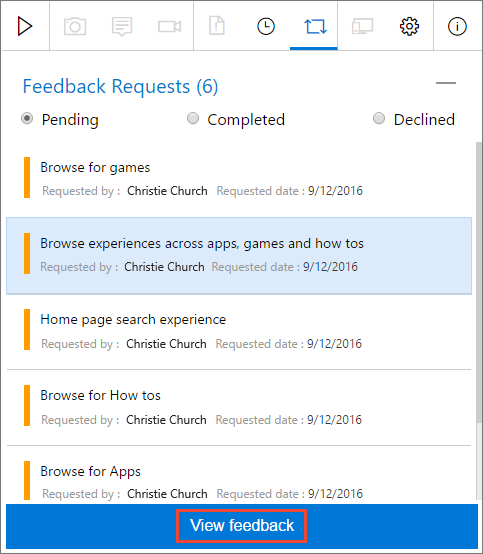 Screenshot of selecting a feedback request in the Feedback requests list to view its details.
