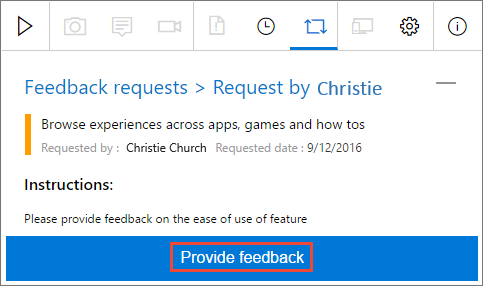 Screenshot of the Provide feedback workflow start screen in Test & Feedback with the Provide feedback action highlighted.