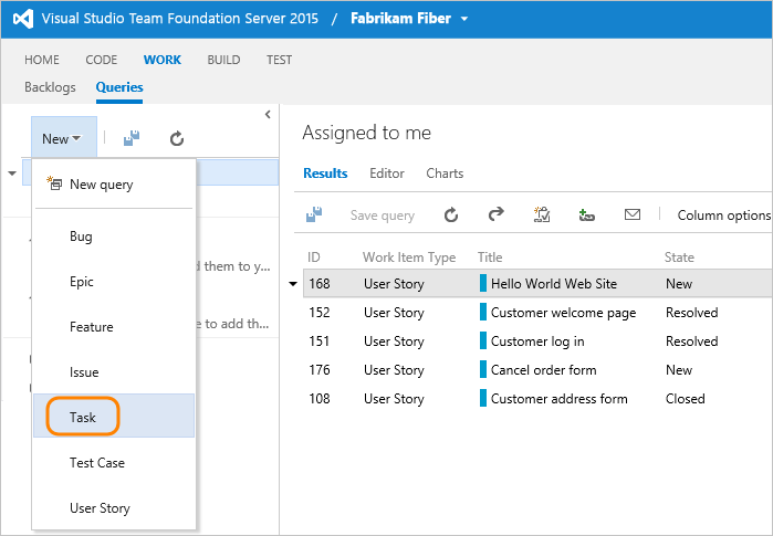 Open a new work item from the web portal Work page
