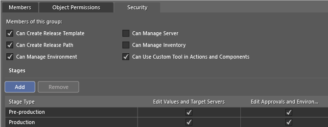 Select the permissions for a group