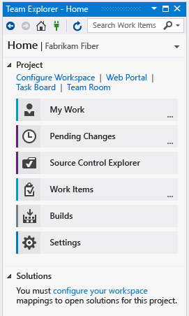 Tracking_TeamProject Team Explorer Home page w/ TFVC as source control