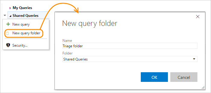 Screenshot of New query folder menu option and New query folder dialog, TFS 2018.