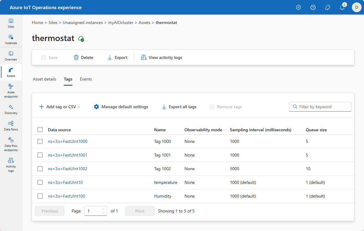 A screenshot that shows the thermostat asset in the operations experience.