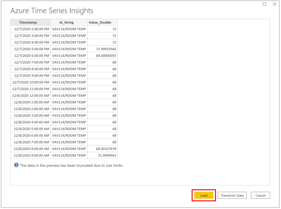 Review the data in the table and select Load