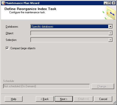 Define Reorganize Index Task page