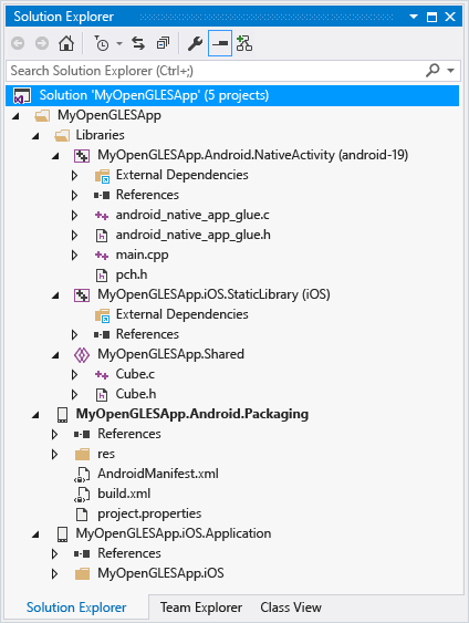 CPPMDD_OpenGLES_SolExpl MyOpenGLESApp in Solution Explorer