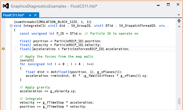 gfx_diag_demo_compute_shader_fluid_step_7 Debugging the IntegrateCS compute shader.