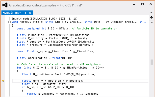 gfx_diag_demo_compute_shader_fluid_step_9 Debugging the ForceCS_Simple compute shader.