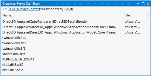 gfx_diag_demo_graphics_event_call_stack_orientation The call stack preceeding a DrawIndexed event.