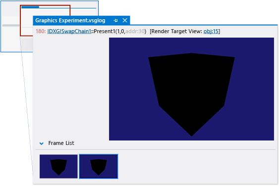 gfx_diag_demo_render_error_shader_step_1 The graphics log document in Visual Studio.