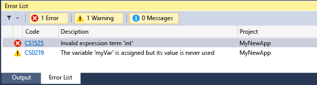Vs_ide_gs_debug_error_list Visual Studio Debug errors window