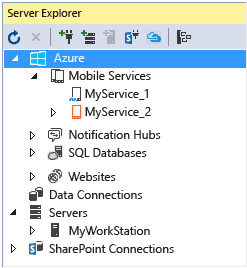 VS2015_ServerExplorer Server Explorer showing Azure Tools node expanded
