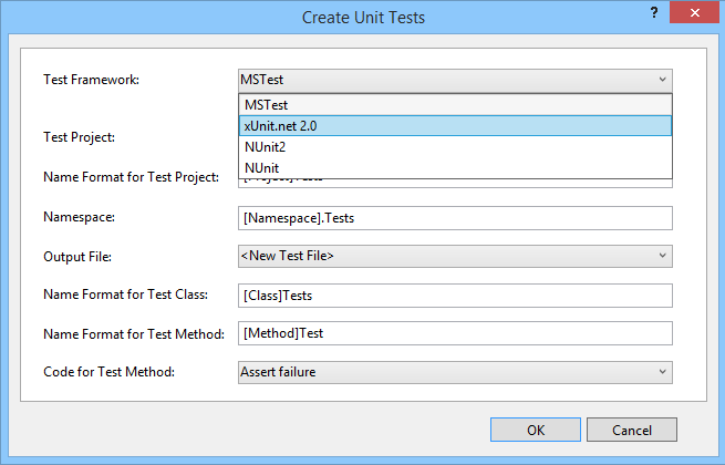 CreateUnitTestsDialogExtensions Select other installed unit test framework