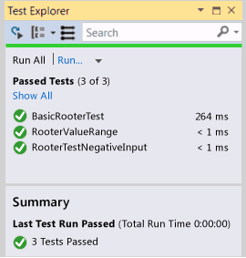 UnitTestExplorerWalkthrough4 Unit Test Explorer showing 3 passed tests.