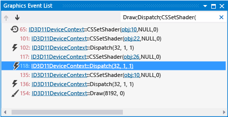 gfx_diag_demo_compute_shader_fluid_step_8 Selecting the second Dispatch event in the EL.