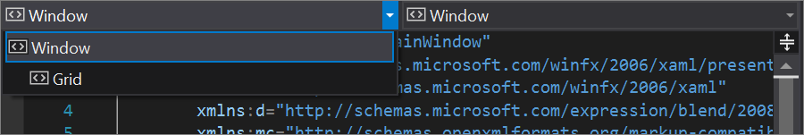 Screenshot of the Element: Window dropdown list in Visual Studio 2019 The Element: Window dropdown list in Visual Studio