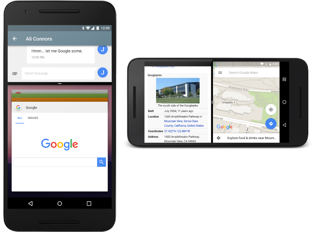 Example apps running in multi-window mode in both portrait and landscape