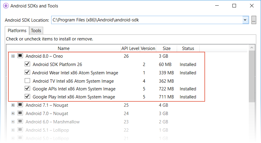 Selecting Android 8.0 packages in the Android SDK Manager