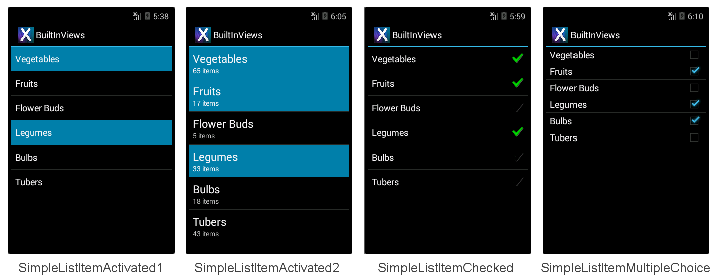 Screenshots of SimpleListItemActivated1, SimpleListItemActivated2, SimpleListItemChecked, and SimpleListItemMultipleChecked