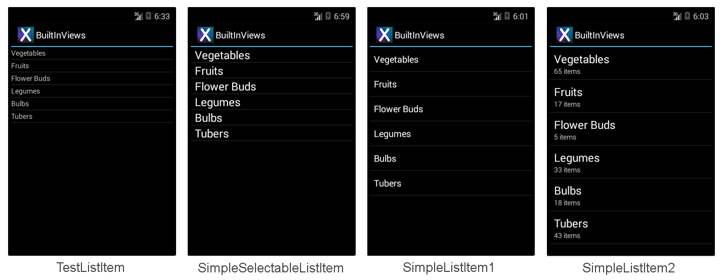 Screenshots of TestListItem, SimpleSelectableListItem, SimpleListitem1, and SimpleListItem2