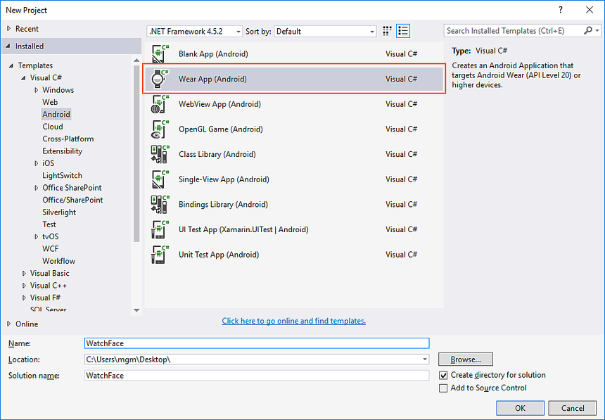 Select Wear App in the New Project dialog New project dialog