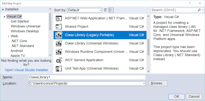 Portable Class Library New Project window to create a portable class library