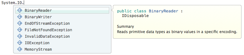 Intellisense list of 14 classes in the System.IO class of a PCL