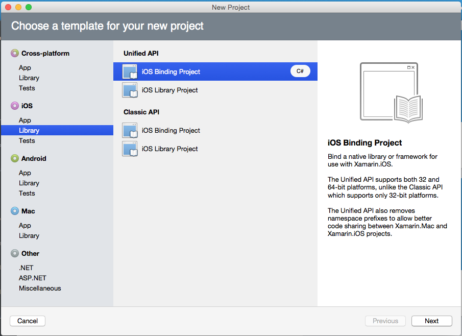 In the New Solution Dialog Box, select iOS / Unified API / iOS Binding Project