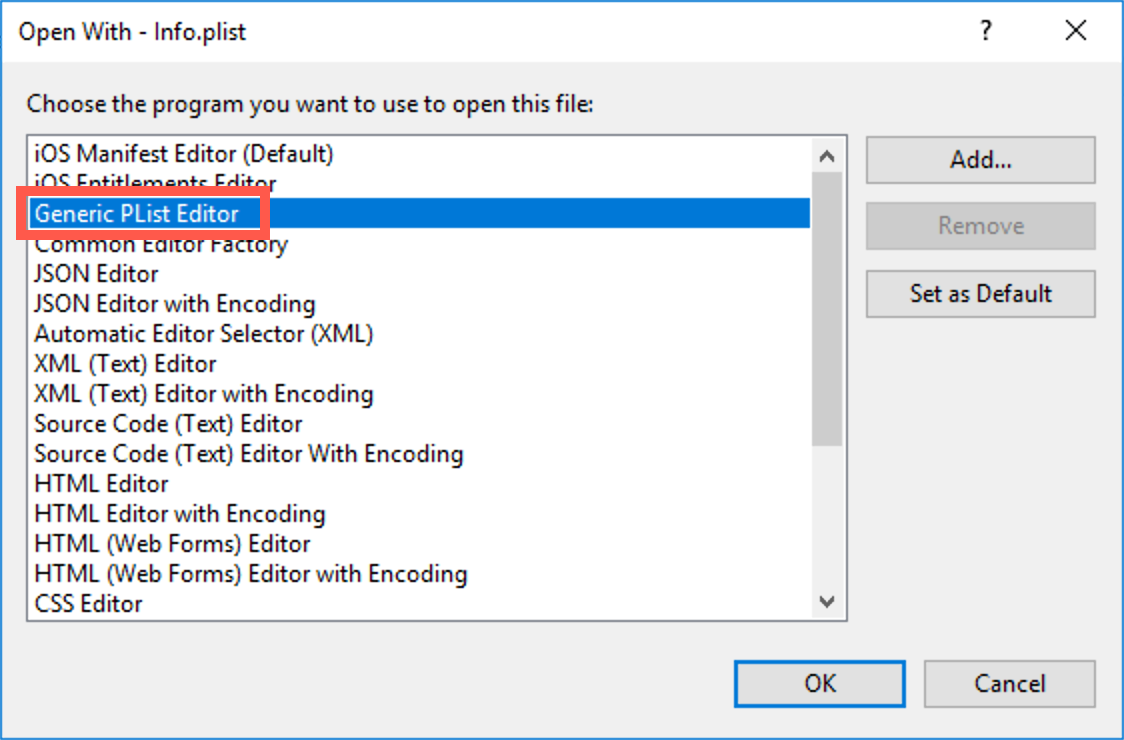 Select the Generic PList Editor Select the Generic PList Editor